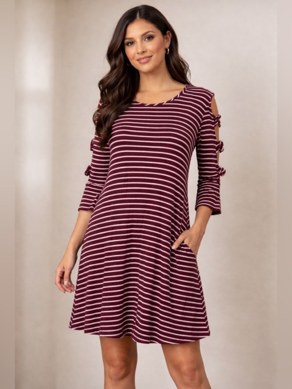 A&I burgandy & white striped slip on dress with long cut out tie sleeves